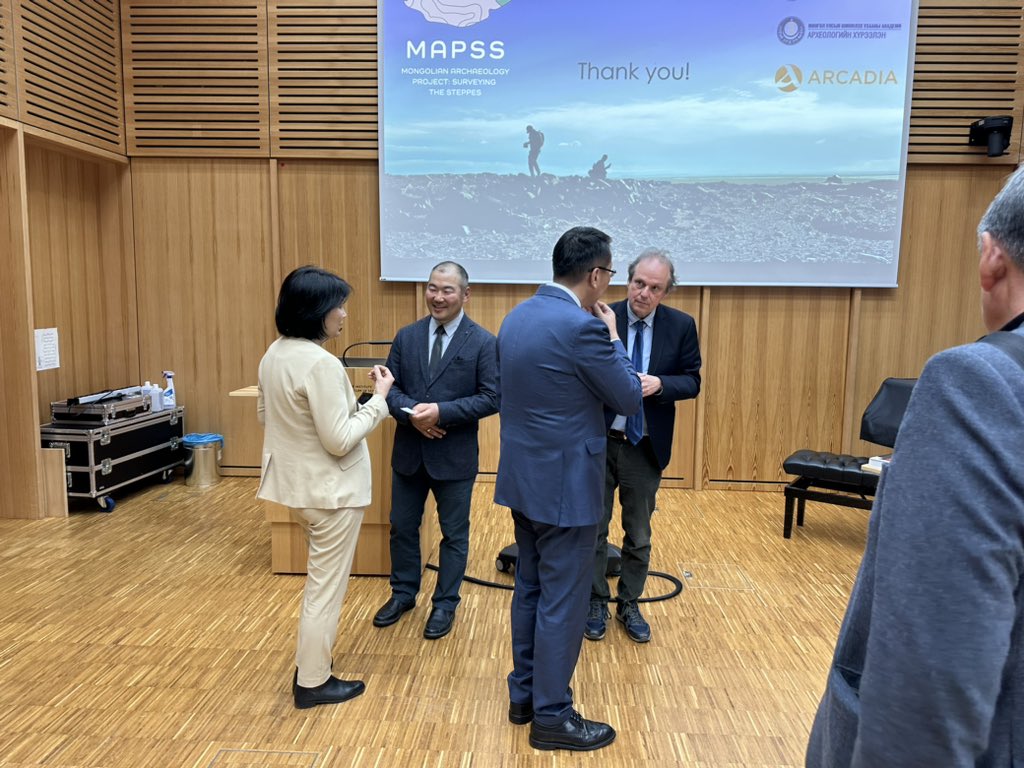 MAPSS_Project's tweet photo. @ja_bayaraa and Mike Fisher presenting MAPSS research to the visiting Mongolian delegation including Minister of Education &amp; Science, Enkh-Amgalan, at @MPIWG, followed by a beautiful long song performance at the Mongolian Embassy in Berlin. A great opportunity to discuss ideas. https://t.co/xM8iLEJepY