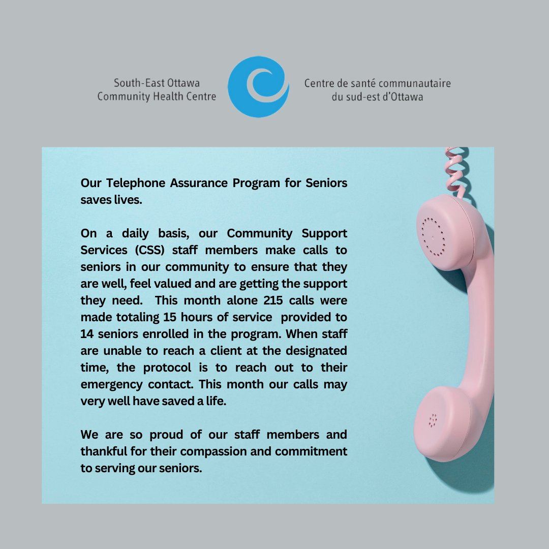 Our Telephone Assurance Program for Seniors saves lives. We are so proud of our staff members and thankful for their compassion and commitment to serving our seniors.

#Community #Ottawa #Seniors #Health