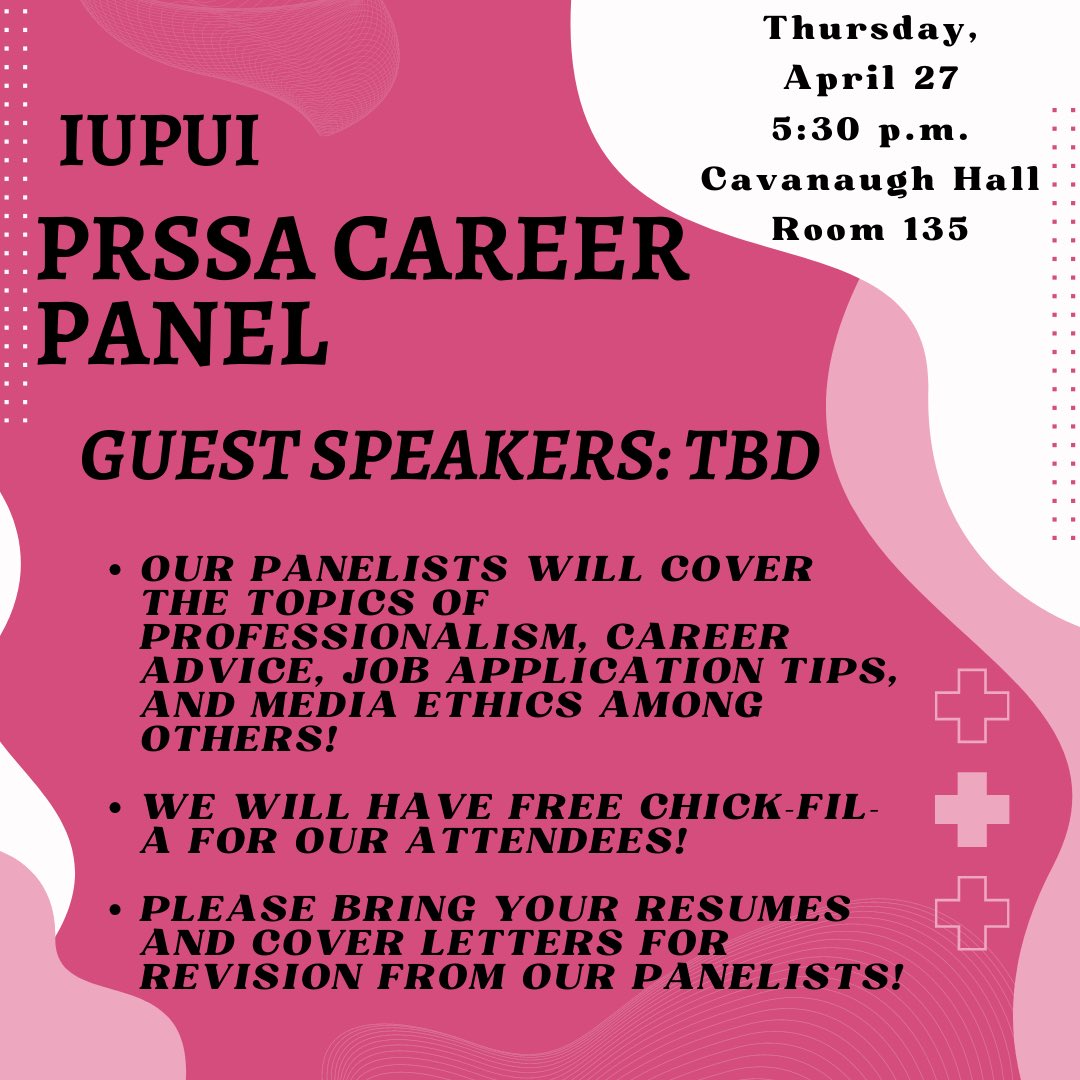 Join us this Thursday in Cavanaugh Hall Room 135 at 5:30 p.m. for our career panel! Guest speakers will be announced in due time! 

We ask that all attendees please bring their cover letters, and resumes for revision from our panelists! 

#PRSSA #GoJags #CareerPanel #IUPUI