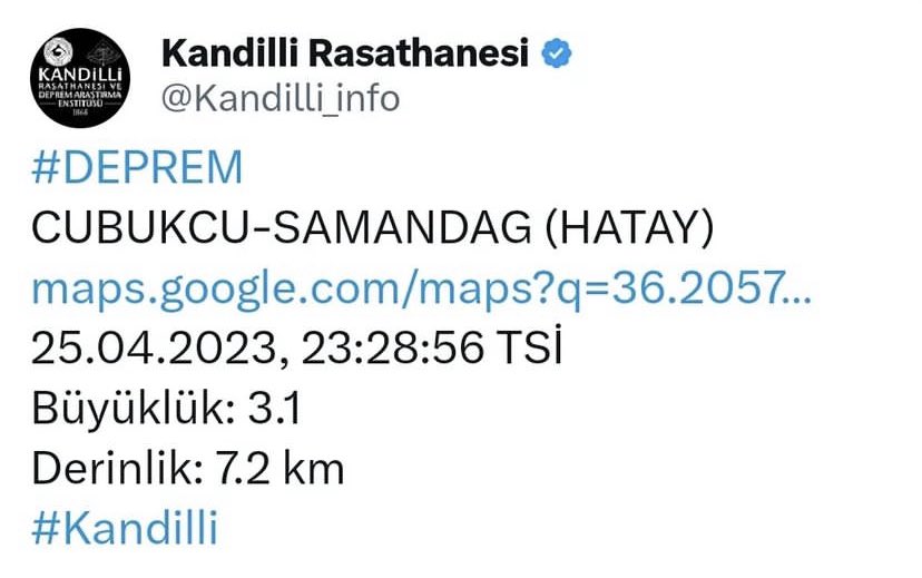 Kandilli Rasathanesi verilerine göre saat 23.28’de merkez üssü Çubukçu-Samandağ olmak üzere 3.1 şiddetinde 7.2 km derinlikte deprem meydana geldi. 
#deprem