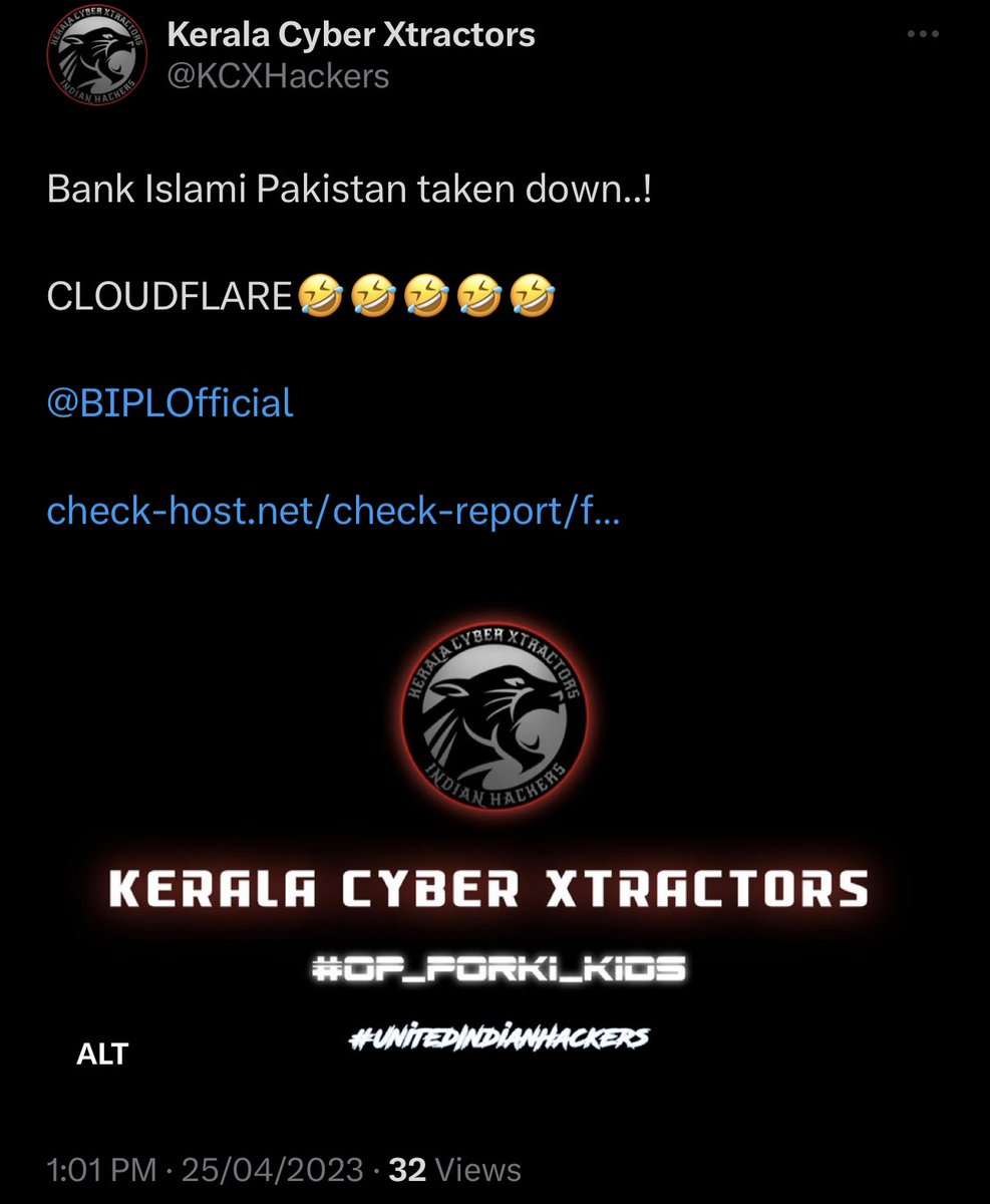 cydefops's tweet photo. Indian Black Hat Hacking Group - Kerala Cyber Extractors have executed a targeted DDOS attack against Bank Islami Official Website ⁦@BIPLOfficial⁩ - One of the banks in Pakistan on 25th April, 2023. 

Apparently Cloudflare might have protected them against the DDOS attack. https://t.co/KnoxoaKNcn