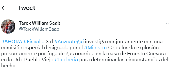 2001OnLine's tweet photo. 🚨#UltimaHora |  El fiscal general @TarekWiliamSaab informó a través de su cuenta de Twiiter que la fiscalía 3 de #Anzoategui fue designada para investigar la explosión por presunta fuga de gas ocurrida en la casa de Ernesto Guevara en #Lecheria.

📸@TarekWiliamSaab

#FL2001 https://t.co/sXhVvqeBYj