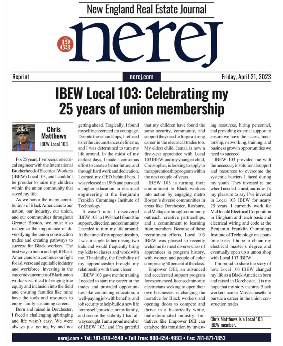 LAntonellis103's tweet photo. Nice testimonial in the @NEREJ from proud @IBEW103 brother Chris Mathews on his  25 year career in the @IBEW!  Nice job my friend!
#LetsGetToWork
#EmpoweringBoston
#WePlugYouIn 🔌 https://t.co/l4Tp27eAPZ