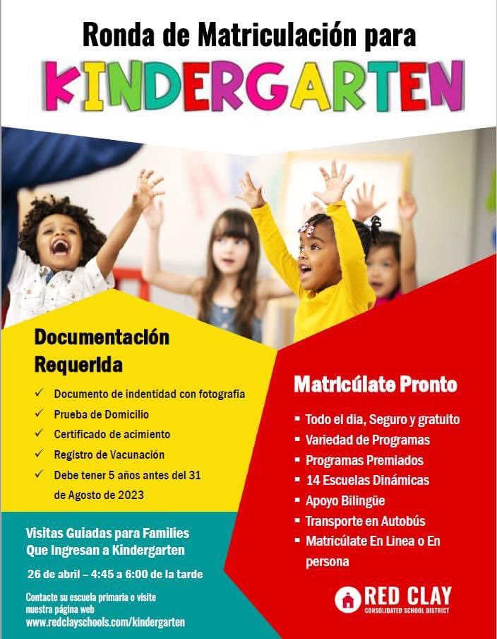 Red Clay Round Up for Kindergarten Registration 

We look forward to seeing you April 26!
Tours for incoming kindergarten families will be held on April 26, 4:45 PM – 6 PM
Check out our website for more details: redclayschools.com/kindergarten