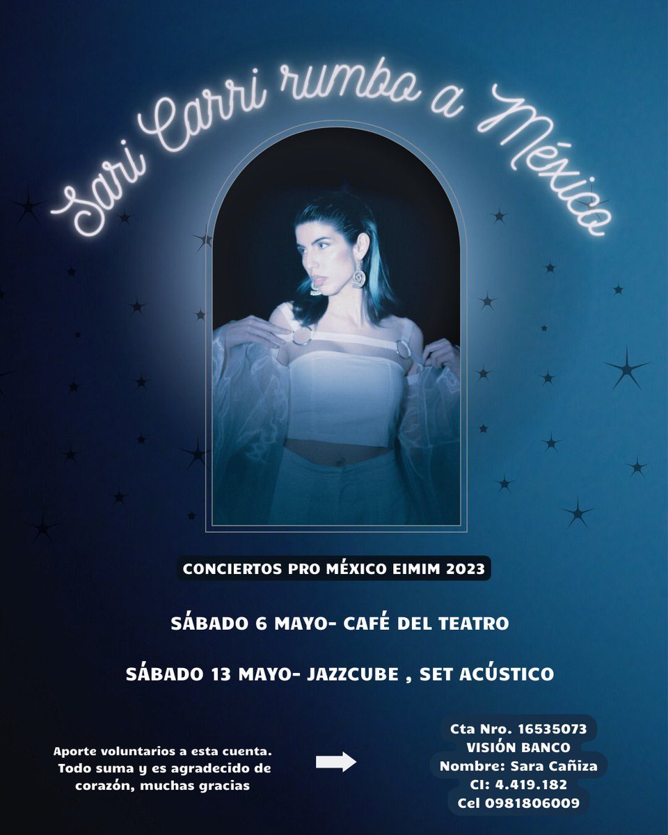 Hola ✨ voy a ir a México a representar a Paraguay en el Encuentro Iberoamericano de Mujeres en la Industria Musical 🇲🇽 😍 tengo que cubrir con los costos de todo el viaje por eso se vienen estos conciertos pro viaje ✨