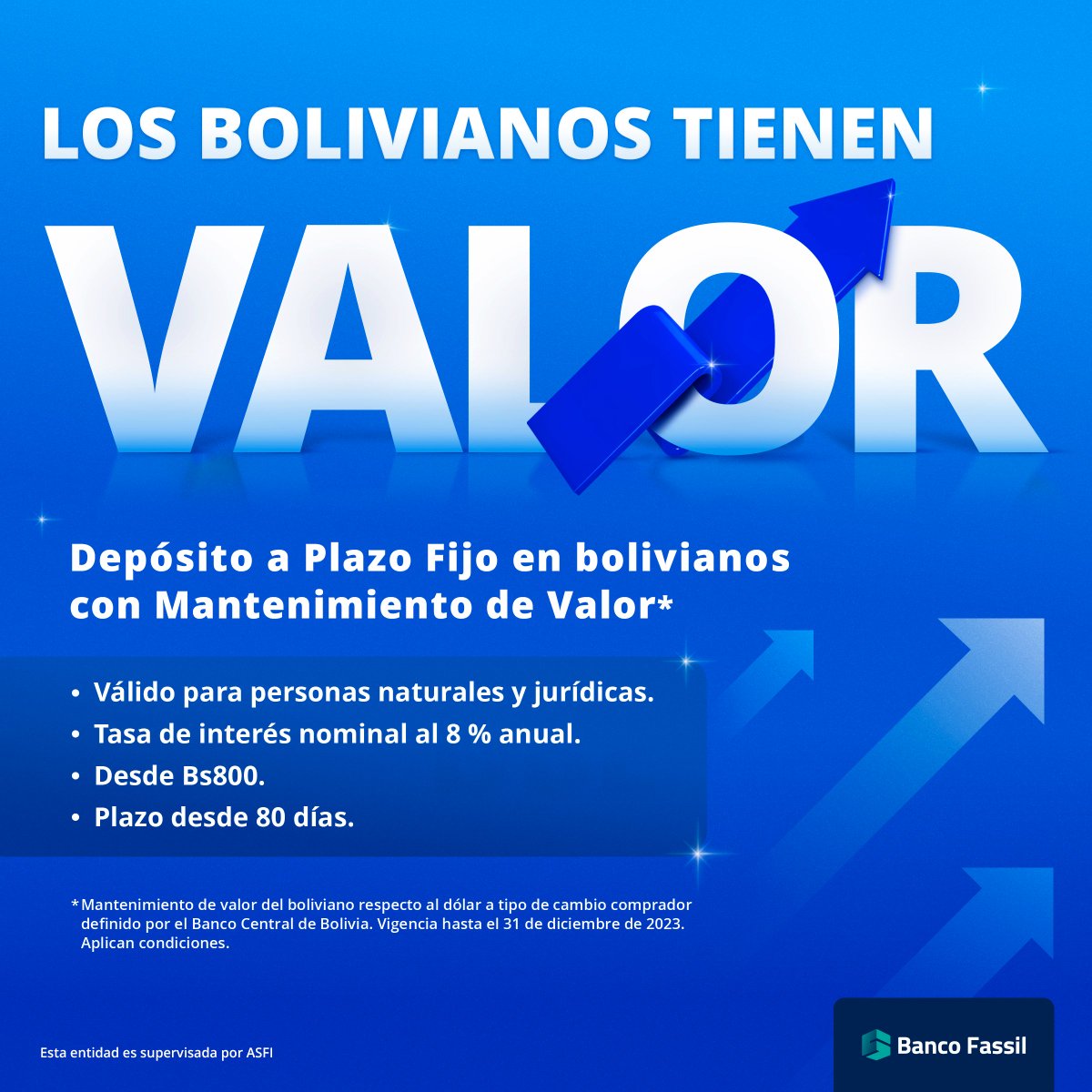 ¡Hacé crecer tus ahorros en Bolivianos con un DPF que mantiene su valor!

Podés solicitar tu DPF con Mantenimiento de Valor en cualquiera de nuestras agencias a nivel nacional o contactando a tu Gestor de Negocios.

#DPFconMantenimientoDeValor
#BancoFassil