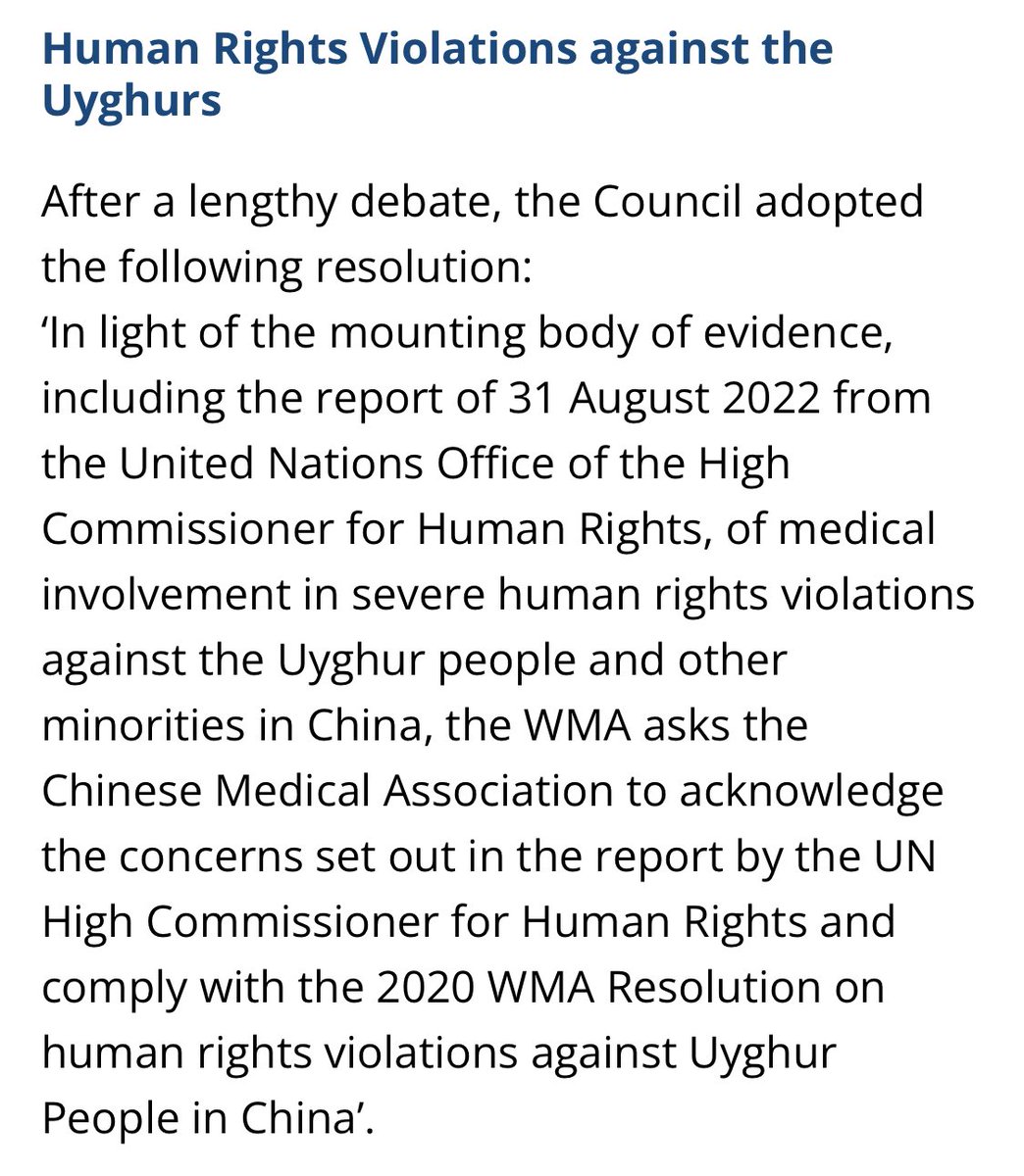 AdnanSharif1979's tweet image. No mention of #forcedorganharvesting but an important resolution adopted by the @medwma at their 223rd council meeting in Kenya last week. 

wma.net/news-post/worl…

@MDsAgainstFOH @ETAC_Global @UyghurCongress @UNHumanRights @UNODC_HTMSS
