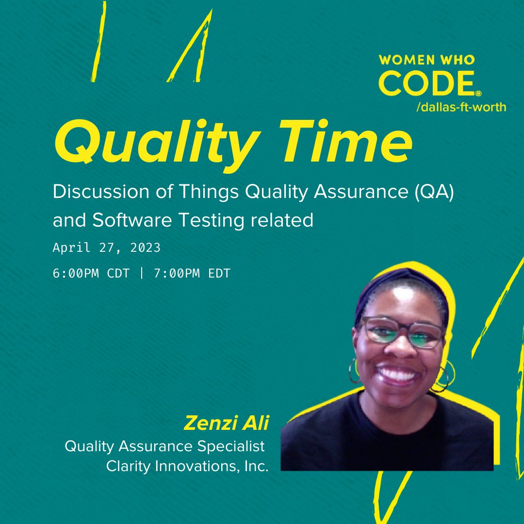 We invite you to join our discussion online about #QualityAssurance (#QA) and #SoftwareTesting with @ZenziTheDev this Thursday!
Co-Host: <a href="/emilycritter/">Emily Ritter</a> 

Reserve your spot here:
meetup.com/women-who-code…

#womenwhocode