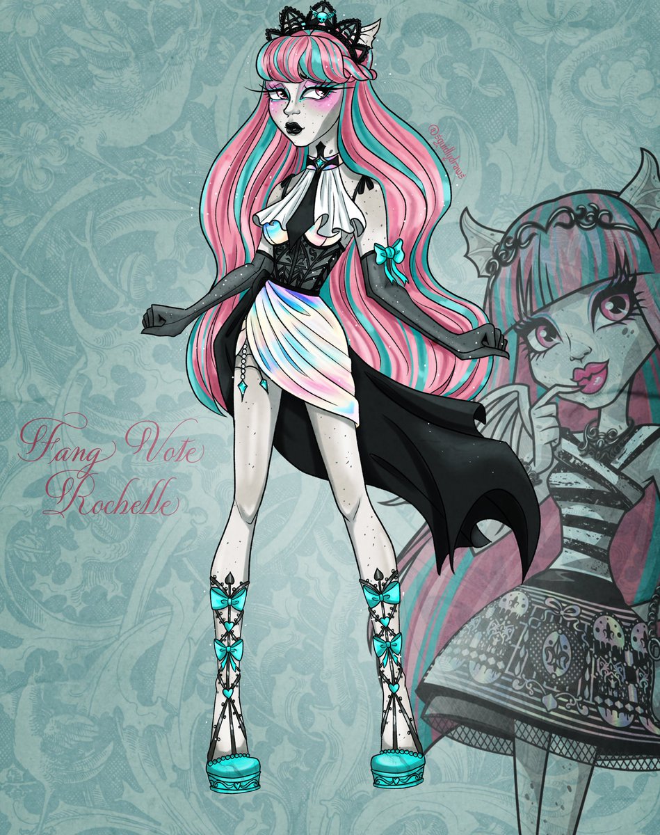 squidlydraws's tweet photo. My interpretation of fang vote rochelle by @MonsterHigh 

I personally think there was a lot of potential for this doll however I think the price point is unreasonable, I also think the concept didn’t translate well in doll form plus i am sO sick of mermaid dresses https://t.co/7Zyl3KB1pQ