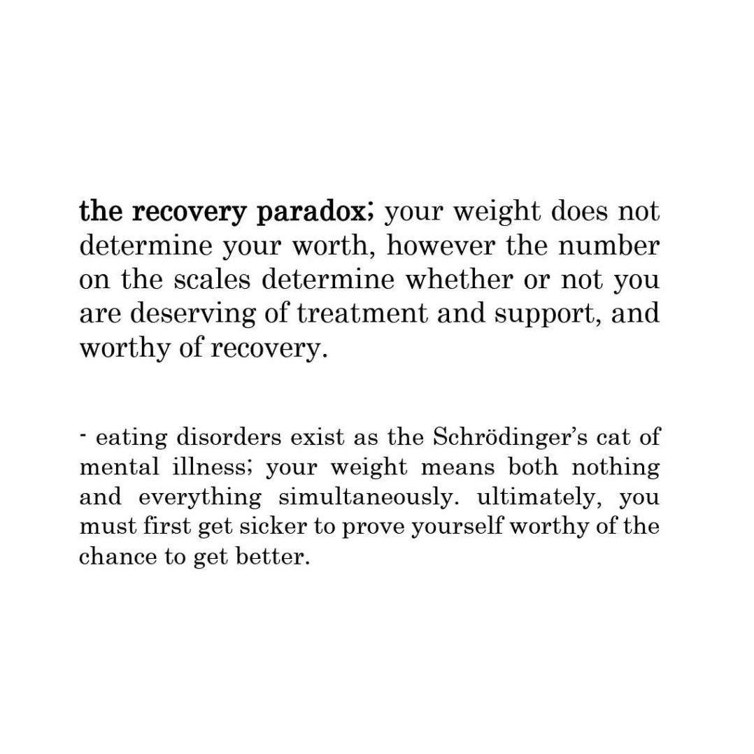 _madi_faith's tweet photo. ; the system is broken. accessing treatment for a deadly illness shouldn't be treated as a numbers game when doing so involves playing with people's lives π #changethestory #dumpthescales #recoveryparadox #paradox #schrodinger #eatingdisorder #EDawareness
https://t.co/e4C8tP3Vha https://t.co/XPQTJlS5NT