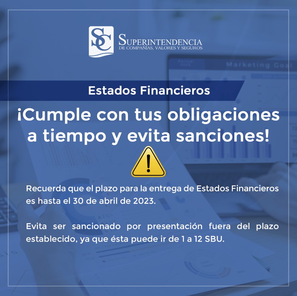 SuperintEC's tweet photo. Estimados usuarios. Les recordamos que no se concederá prórroga para la presentación de estados financieros.
☑️ Guía de usuario 📷https://t.co/pyEjg7FIvI   Ayuda adicional 📷 asistencia_usuarios_balances@supercias.gob.ec ✉️ https://t.co/bn5LzM4rYP
