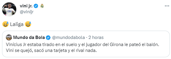 😳VINICIUS 'CARGA' CONTRA LALIGA😳

💣Cita un tweet sobre la jugada en la que le sacan tarjeta y añade: '😅LaLiga😅'.