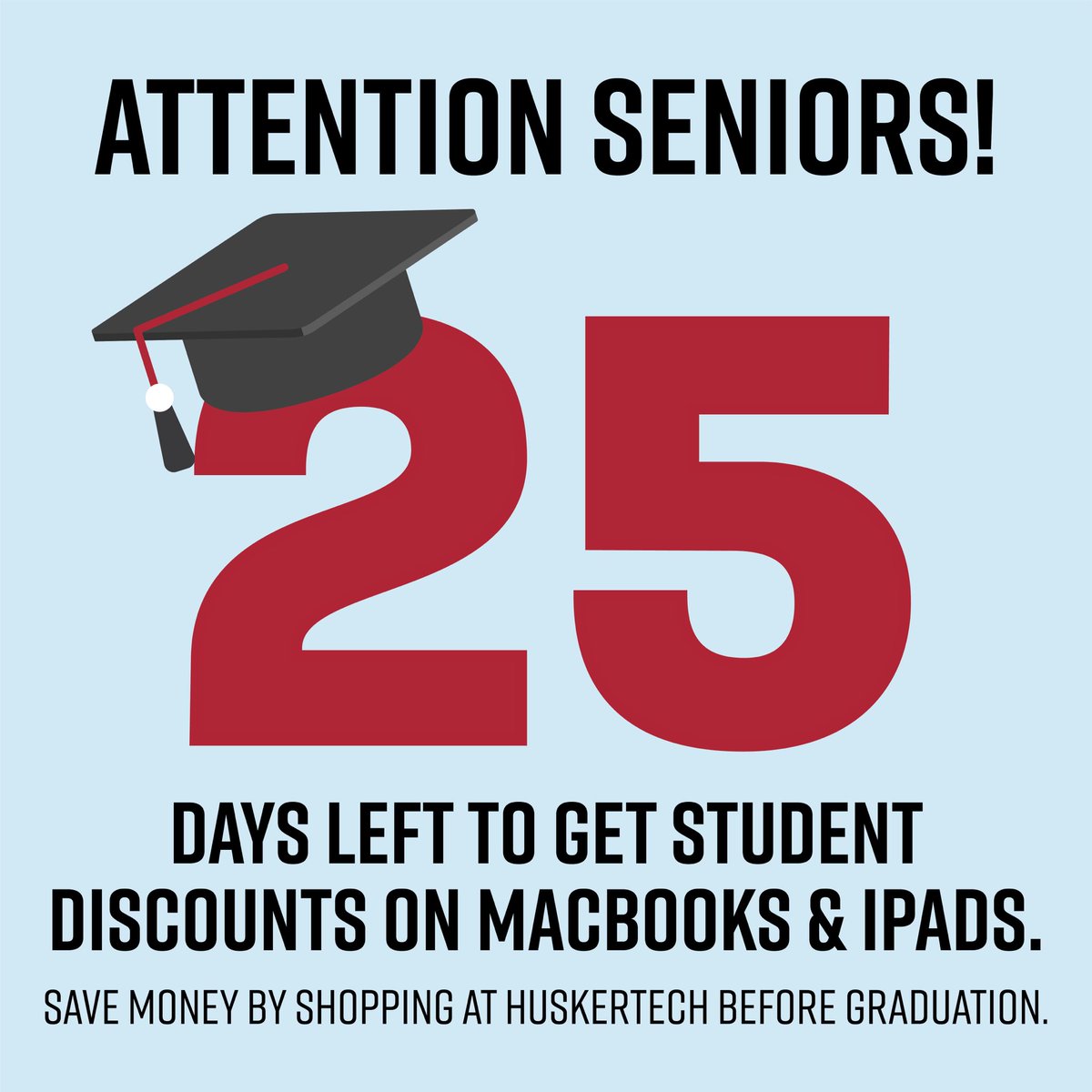 UNLhuskertech's tweet photo. Time is ticking away seniors! ⏰

Take advantage of your student discount while you still have it. Shop Huskertech online or in-store. 

#huskers // #unl // #huskertech https://t.co/fSVylEoUNN