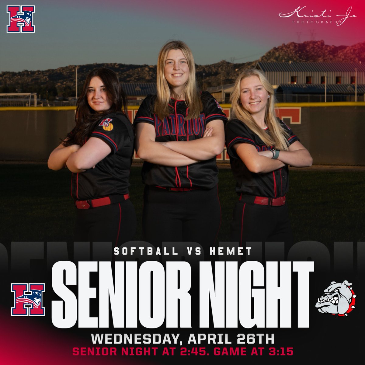 SOFTBALL SENIOR NIGHT GAME is tomorrow!
Softball vs Hemet game to follow at 3:15pm. Go Patriots!

Image: @kristijophotography