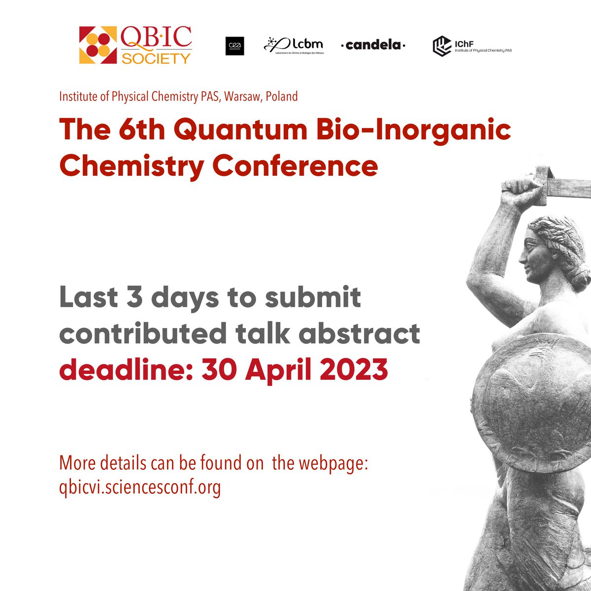 Fundacja Candela (@candelango) on Twitter photo 📢Last 3⃣days to submit abstract of contributed talk abstract and become part of QBIC-VI (supported by <a href="/QBICSoc/">Quantum Bio-Inorganic Chemistry Society</a>). The conference is chaired by <a href="/adkubas/">Adam Kubas</a> – <a href="/ICHF_PAN/">IChF PAN</a> – and <a href="/RagnarBj/">Ragnar Bjornsson</a> – LCBM CEA. Join us in Warsaw from 29 Aug to 1 April 2023.
📢Spread the news and share❗️ 📢Last 3⃣days to submit abstract of contributed talk abstract and become part of QBIC-VI (supported by <a href="/QBICSoc/">Quantum Bio-Inorganic Chemistry Society</a>). The conference is chaired by <a href="/adkubas/">Adam Kubas</a> – <a href="/ICHF_PAN/">IChF PAN</a> – and <a href="/RagnarBj/">Ragnar Bjornsson</a> – LCBM CEA. Join us in Warsaw from 29 Aug to 1 April 2023.
📢Spread the news and share❗️