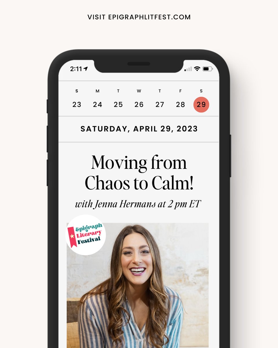 This Saturday!! 
Epigraph Literary Festival <a href="/epigraphlitfest/">Epigraph Literary Festival</a>. 
Hosted by @bibliolifestyle ​​​​​​​​​
See you April 29th at 11 am PST

#chaostocalmbook #ownyourcalm #chaostocalm #jennahermans