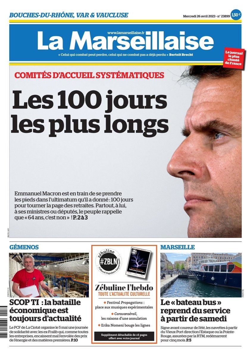 LeoPurguette's tweet photo. #ÀlaUne de La Marseillaise du 26 avril 2023 #ReformeDesRetraites #MouvementSocial #intersyndicale #EmmanuelMacron #ScopTI #Fralib #Marseille #Bateau #Bus #Marseille #Culture #Zébuline #ZBLN
En kiosques et sur https://t.co/v33E8KieoH https://t.co/0nuTNOrr3y