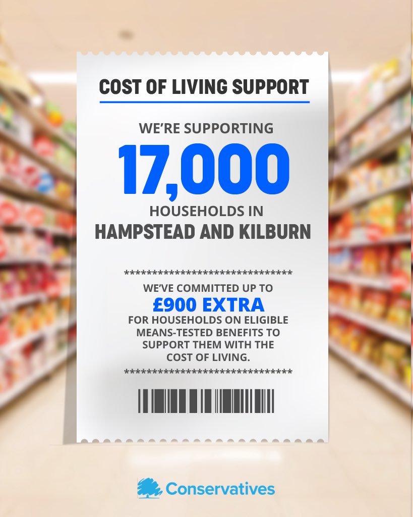 n_panju's tweet photo. Across Hampstead & Kilburn @CamdenTories , the Government is supporting 17,000 households with the cost of living. 

From today, the first Cost of Living Payment's will be delivered, the first of three new payments totalling £900 in 2023/24.

Vote @Conservatives on the 4th May. 

Vote #DynamiteWilliams !