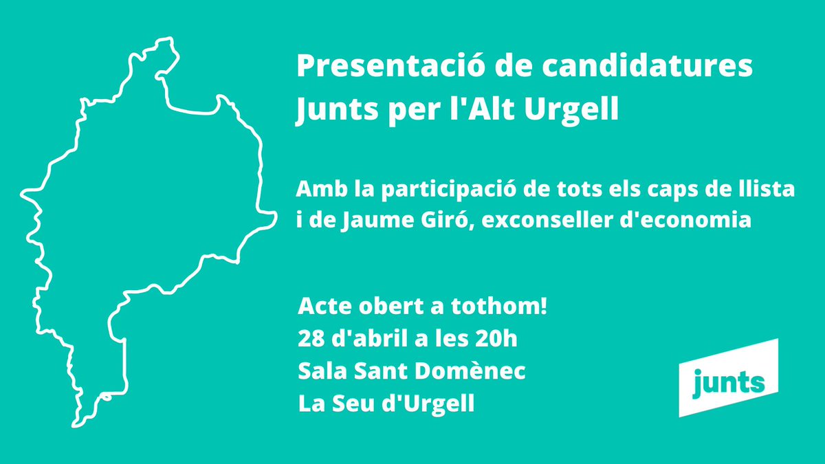 Jordi Fàbrega 🎗 (@jorfabrega) on Twitter photo Vols conèixer les candidatures  de <a href="/JuntsxAltUrgell/">Junts per l'Alt Urgell 🎗</a> per les properes eleccions municipals del 28 de maig? 
T'esperem aquest divendres a les 20h a la sala St.Domènec de la Seu d'Urgell. 
Ens hi acompanyarà l'HC Jaume Giró. Vols conèixer les candidatures  de <a href="/JuntsxAltUrgell/">Junts per l'Alt Urgell 🎗</a> per les properes eleccions municipals del 28 de maig? 
T'esperem aquest divendres a les 20h a la sala St.Domènec de la Seu d'Urgell. 
Ens hi acompanyarà l'HC Jaume Giró.
