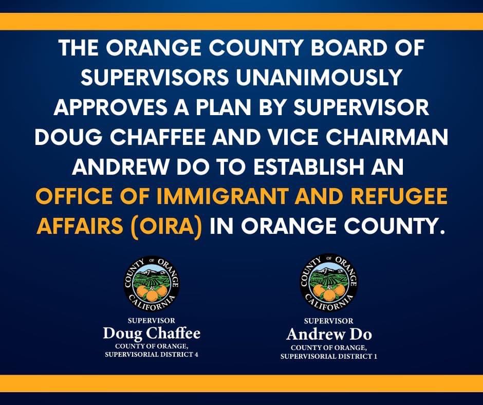 #OrangeCounty is taking steps to help local immigrants &amp; refugees access government resources &amp; services. The OC Board of Supervisors unanimously approved a plan brought forward by <a href="/joinandrewdo/">Andrew Do</a> and I to establish an Office of Immigrant and Refugee Affairs (OIRA) in Orange County