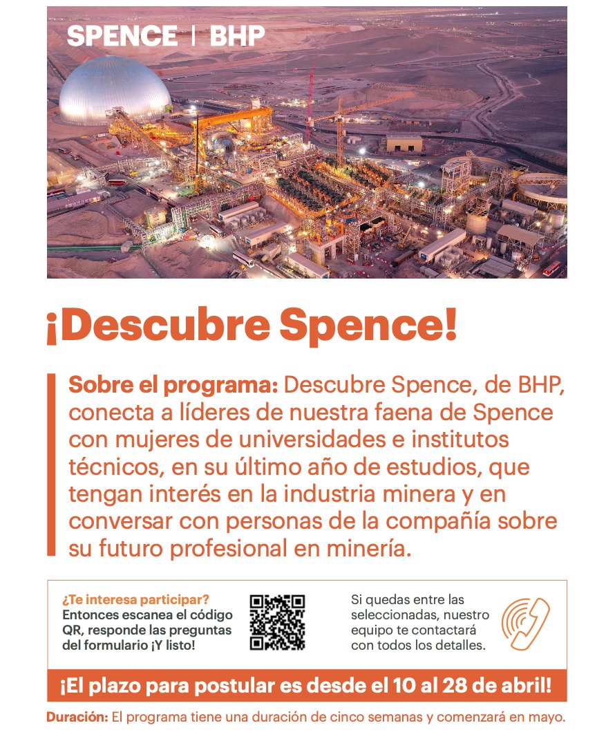 ict_udec's tweet photo. #BHP te invita a descubrir Spence, un acompañamiento virtual, de 5 semanas, donde líderes de la operación Spence de BHP serán tutores de 45 estudiantes mujeres.

Más info aquí https://t.co/t0RfFcEImG
📷 Plazo de postulación: 28 de abril. https://t.co/1lRFHyhG0v