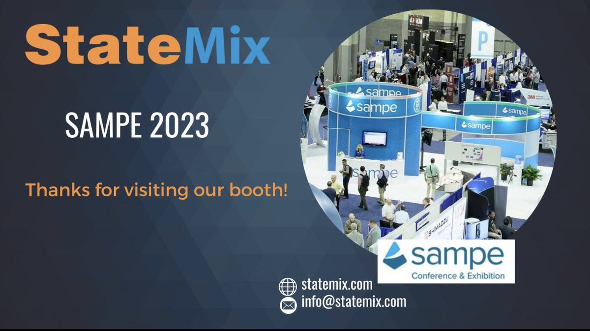 StateMix's tweet image. Thank you again for visiting our StateMix booth at SAMPE 2023! We look forward to the possibility of working with you &amp;amp; your team in the future. Feel free to reach out to our experts to find more about your mixing and dispensing needs.
#StateMix #statemix #mixingtechnology