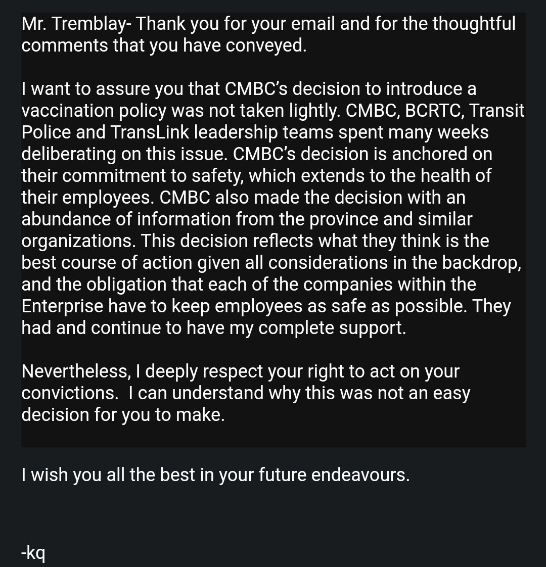 JtKoot's tweet image. I&apos;m sure the CEO of @TTCNewsroom  sounded similar in fashion to any open letter responses to its employees as @TransLink CEO Kevin Quinn and his pronouns responded to mine...
#accountability
#neverforget
#CMBC