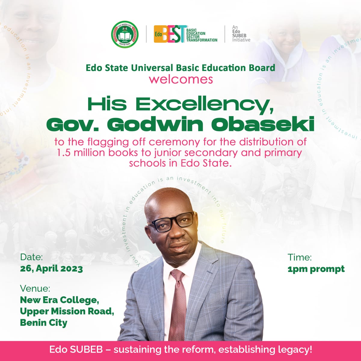The flag-off ceremony for the distribution of 1.5 million books to our junior secondary and primary school students takes place tomorrow.

#EdoBEST