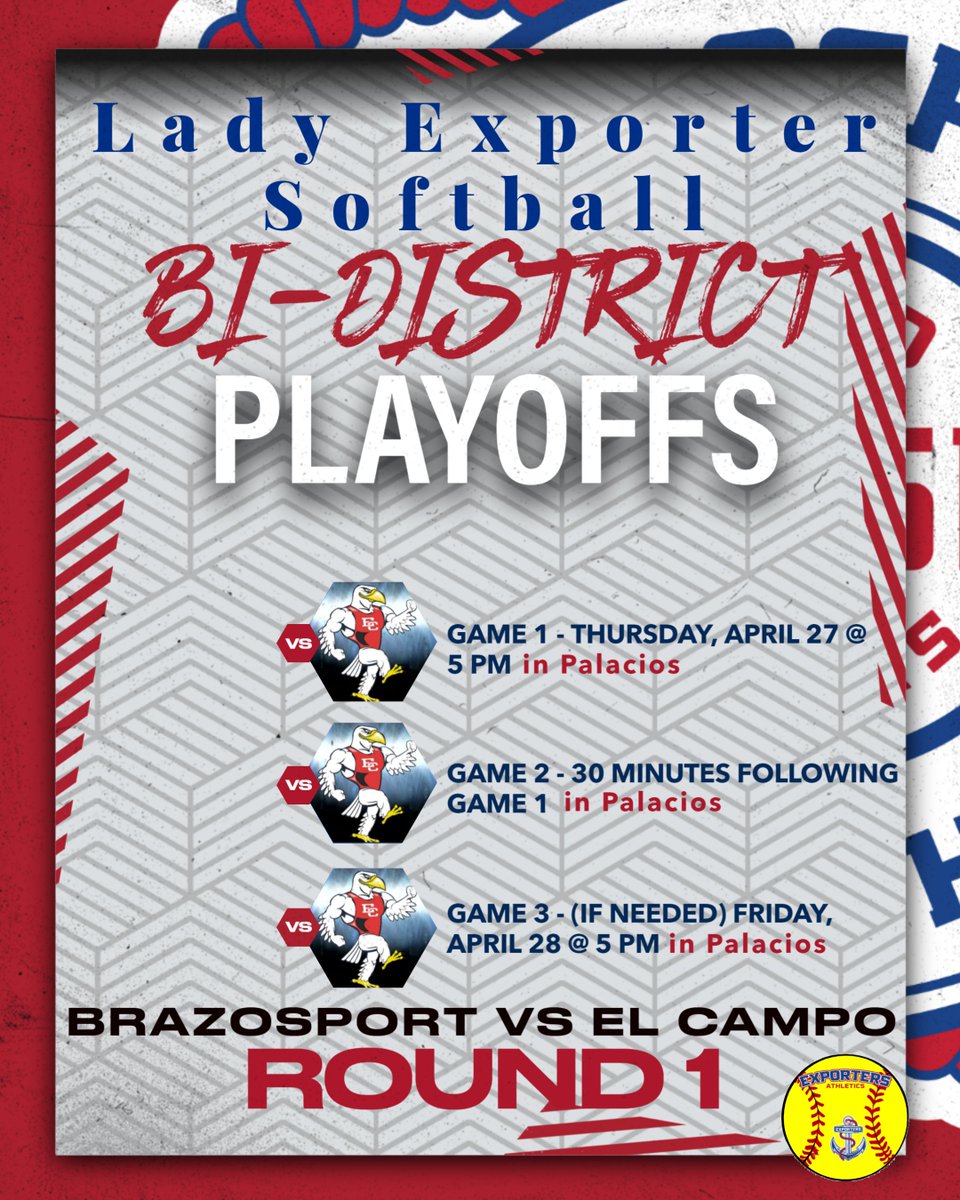 BrazosportISD's tweet photo. Our Lady Exporters head into Round 1 of post-district playoffs this Thursday against El Campo. All games will be in Palacios
Game 1 - Thursday, April 27 @ 5 pm
Game 2 - 30 minutes following Game 1
Game 3 - (if needed) Friday, April 28 @ 5 pm
#anchorsaweigh
#ExporterPride https://t.co/27f3m8B20s