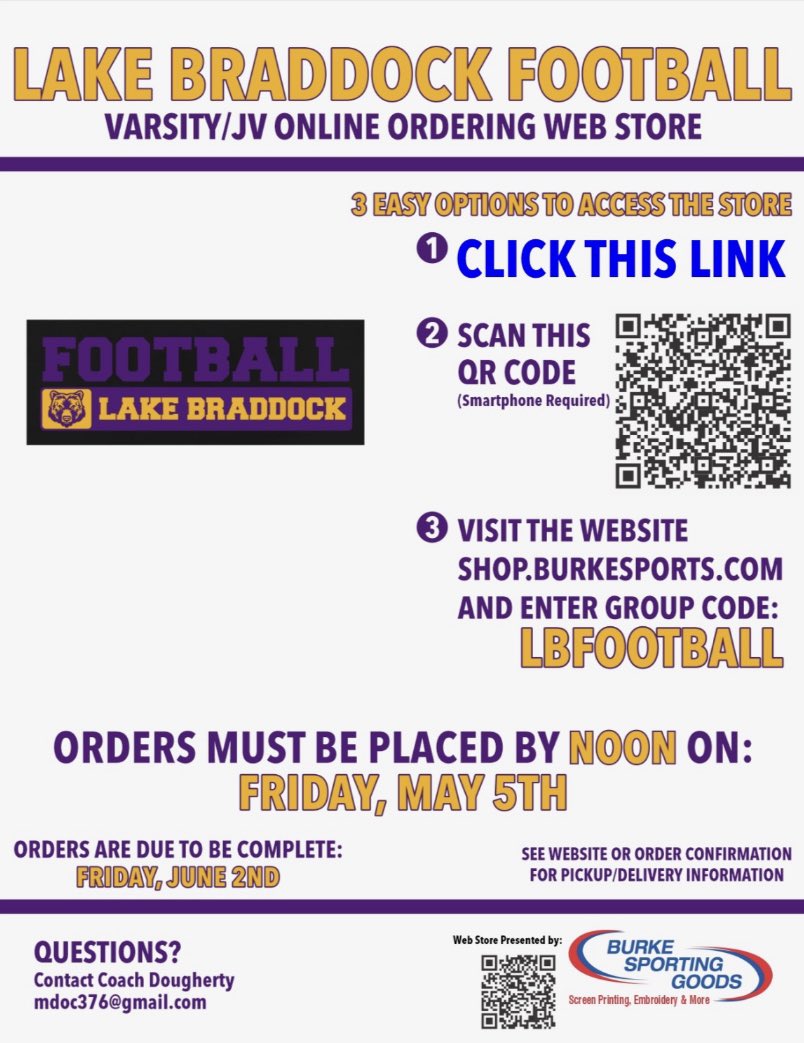 Want to help support @LakeBraddockFB and get some awesome gear?! Check it out below! @FCPSLBSS @LBathletic @LBAthLead @lbssptsa @bruin_boosters @mdoc376 @qbscoach #BruinNation 💜💛🐻