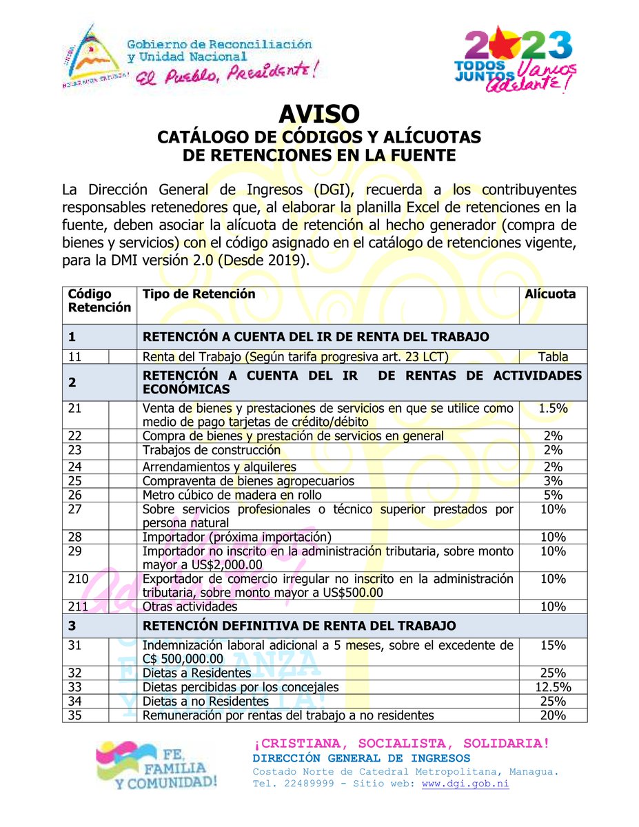 DGI_Nicaragua's tweet image. Se publico el AVISO-090-04-2023, al elaborar planilla Excel de retenciones, tomar en cuenta el catálogo de códigos y alícuotas de retenciones. Ver aviso en el siguiente enlace: dgi.gob.ni/pdfNoticia/2953