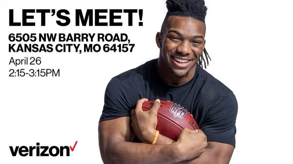 Hey fans! Get ready for the Draft with me.  I’ll be stopping by <a href="/Verizon/">Verizon</a> . Come say hello, grab an autograph and win some prizes.
🗓️4.26 from 2:15-3:15PM
📍6505 NW Barry Road, Kansas City, MO 64154.     #biablessing