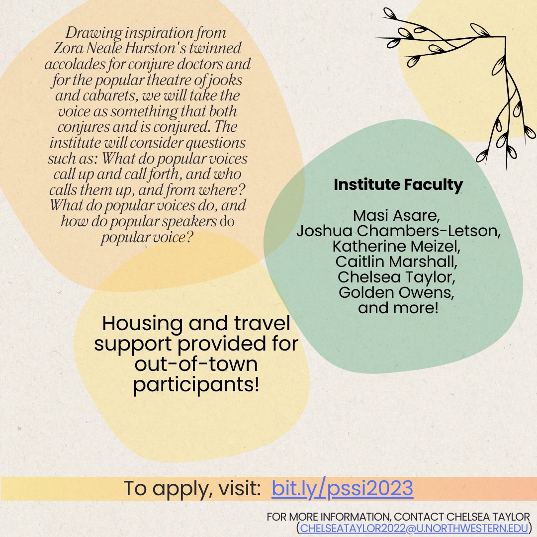 Excited to lead the #performancestudies #summerinstsitute at Northwestern @nu_perfst in July! w/ wonderful speakers, rising scholars/artists, we'll explore the topic “Conjuring Popular Voice' over 5 days. Current students & recent alums of MA, MFA, MM, & doctoral programs, apply!