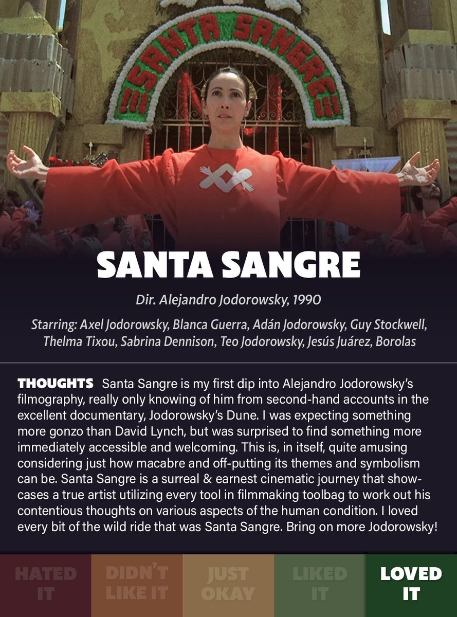 Umariffic's tweet photo. #2023MovieJournal
#37 of 2023 - Santa Sangre (Holy Blood)
Dir. #AlejandroJodorowsky, 1990
Starring: #AxelJodorowsky, #BlancaGuerra, #AdánJodorowsky, #GuyStockwell, #ThelmaTixou, #SabrinaDennison, #TeoJodorowsky, #JesúsJuárez, #Borolas
Streaming on: #Tubi, @Tubi https://t.co/FWSd7UzSiR