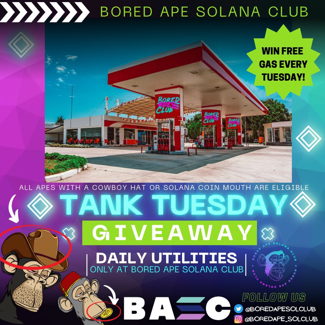 TTIACADEMY's tweet photo. It’s tank Tuesday at @BoredApeSolClub and this week my ape is eligible to win a free tank of gas paid for by @BoredApeSolClub dao! ⛽️💰

Gas money baby! #DailyUtility is back! @solfamily44 @GooseTheBAYC @xHighKris @toritrades @chartaddicts @BASC_NoiseDAO @frankdegods https://t.co/BqSjo7mEd5