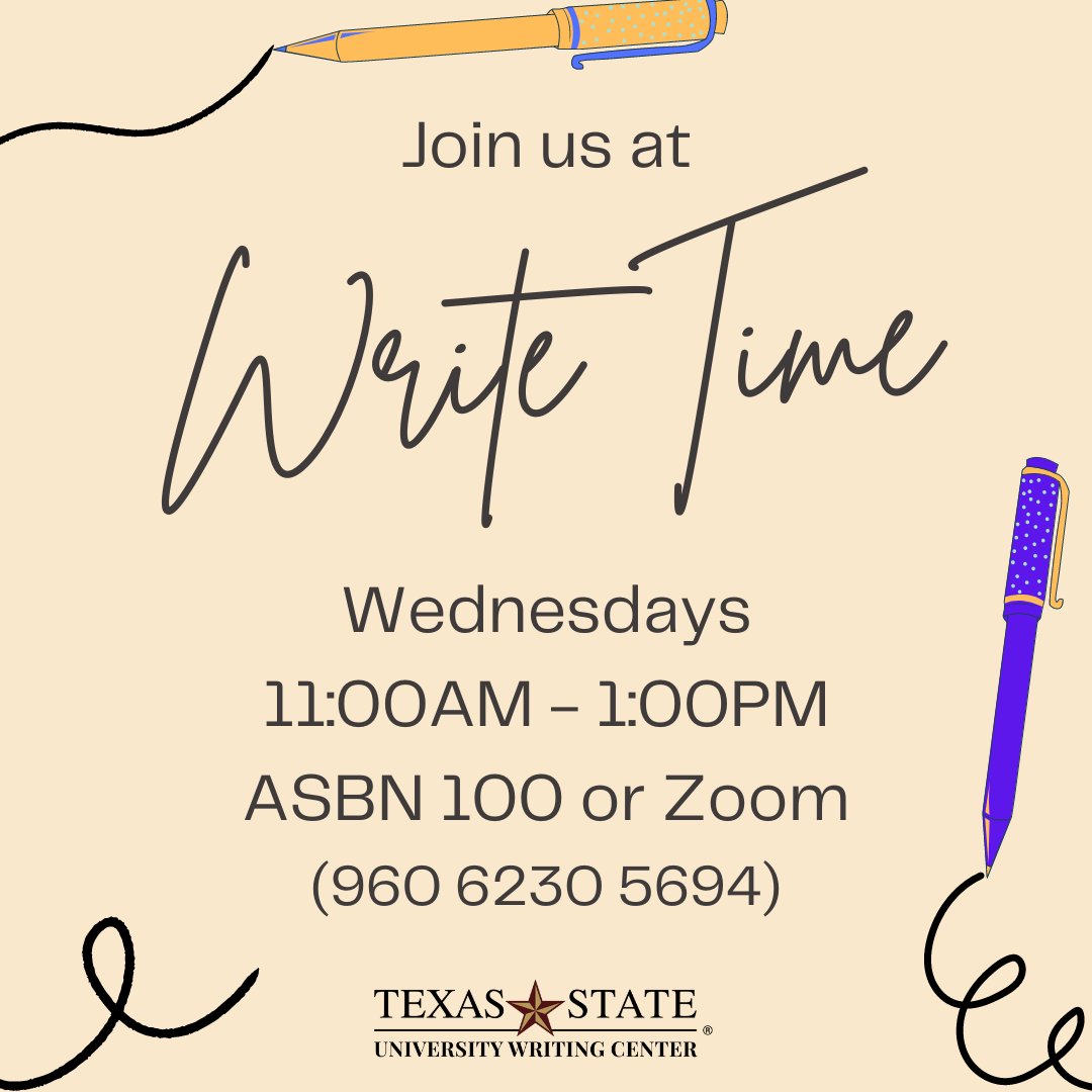 Join us at Write Time!

Every Wednesday in ASBN 100 or on Zoom! 📝