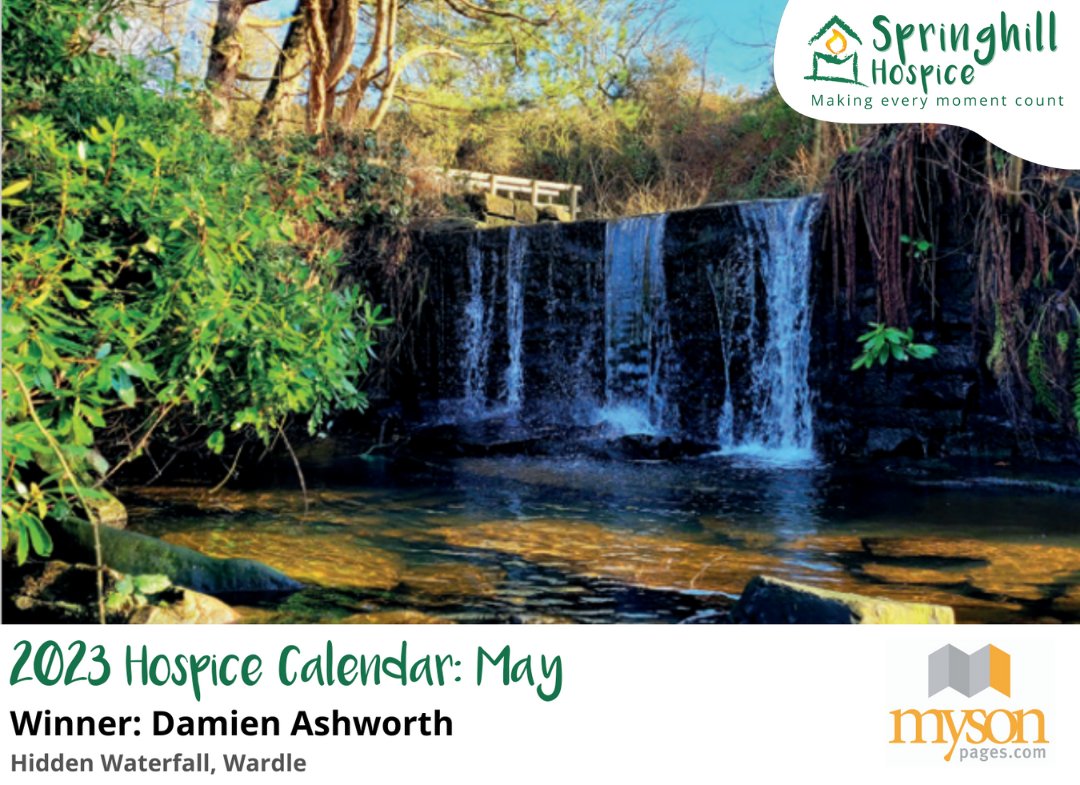 Happy May! 🌱 Hidden Waterfall, Wardle by Damien Ashworth won the cover for May in our 2023 Hospice Calendar. Thank you to @MysonPages for sponsoring this month. 💚