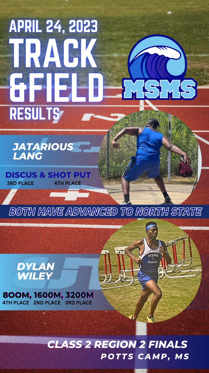 msmsbluewaves's tweet photo. Congratulations to Dylan Wiley and JT Lang for advancing to the Track &amp; Field North State Finals! They will continue to compete in their respective events on Friday, April 28th at Potts Camp. #GoBlueWaves https://t.co/CuVSENwMZi