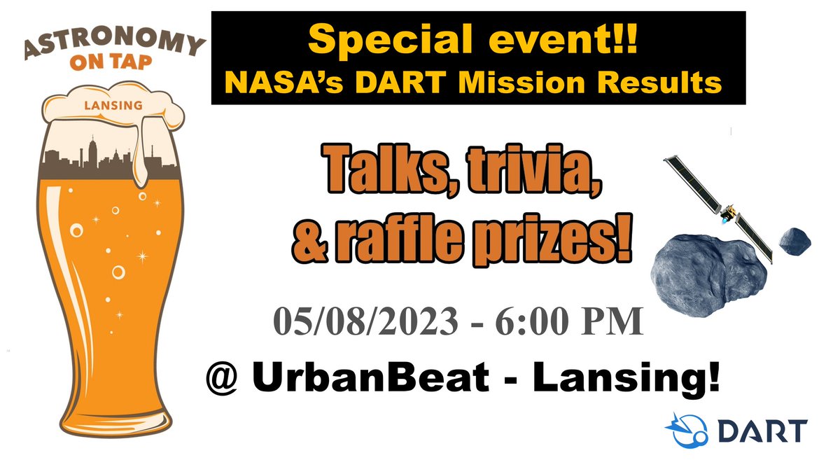 Join us on May 8th for a special event at UrbanBeat Lansing covering the outcomes of NASA's latest DART mission!! Event is between 6:00 PM and 8:00 PM ET.
Event page: fb.me/e/1a5UfaGrI