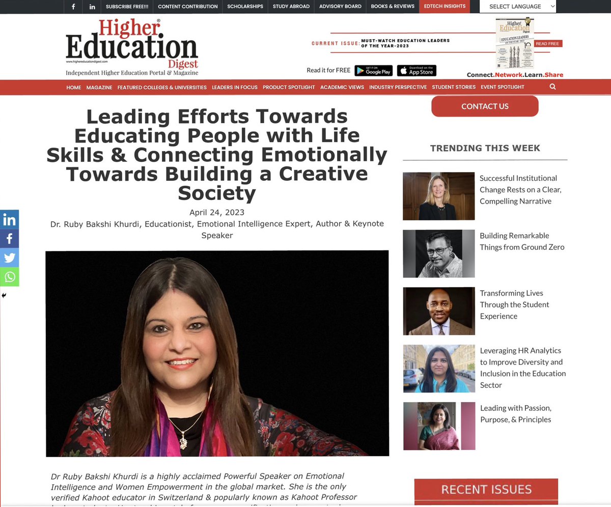ruby_bakshi's tweet image. Thanks @HigherEdDigest for publishing my interview! 
Read - highereducationdigest.com/leading-effort….   #educationist #kahootprofessor #speaker #trainer #author #emotionalintelligence