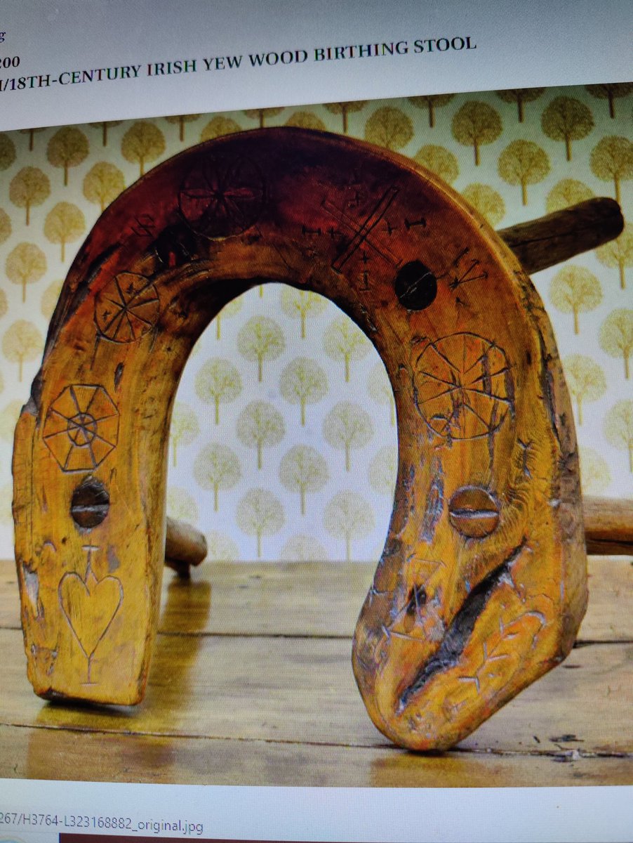 ClaudiaKinmont1's tweet image. Great that National Museum  @NMIreland acquired this rare birthing stool, with characteristically Irish splayed &amp;amp; thru-wedged legs, &amp;amp; u-shaped 'natural knee' seat (precisely like earlier Birth stools). Protective Hex, Witch or Apotropaic marks include Daisy wheels &amp;amp; sacred heart.