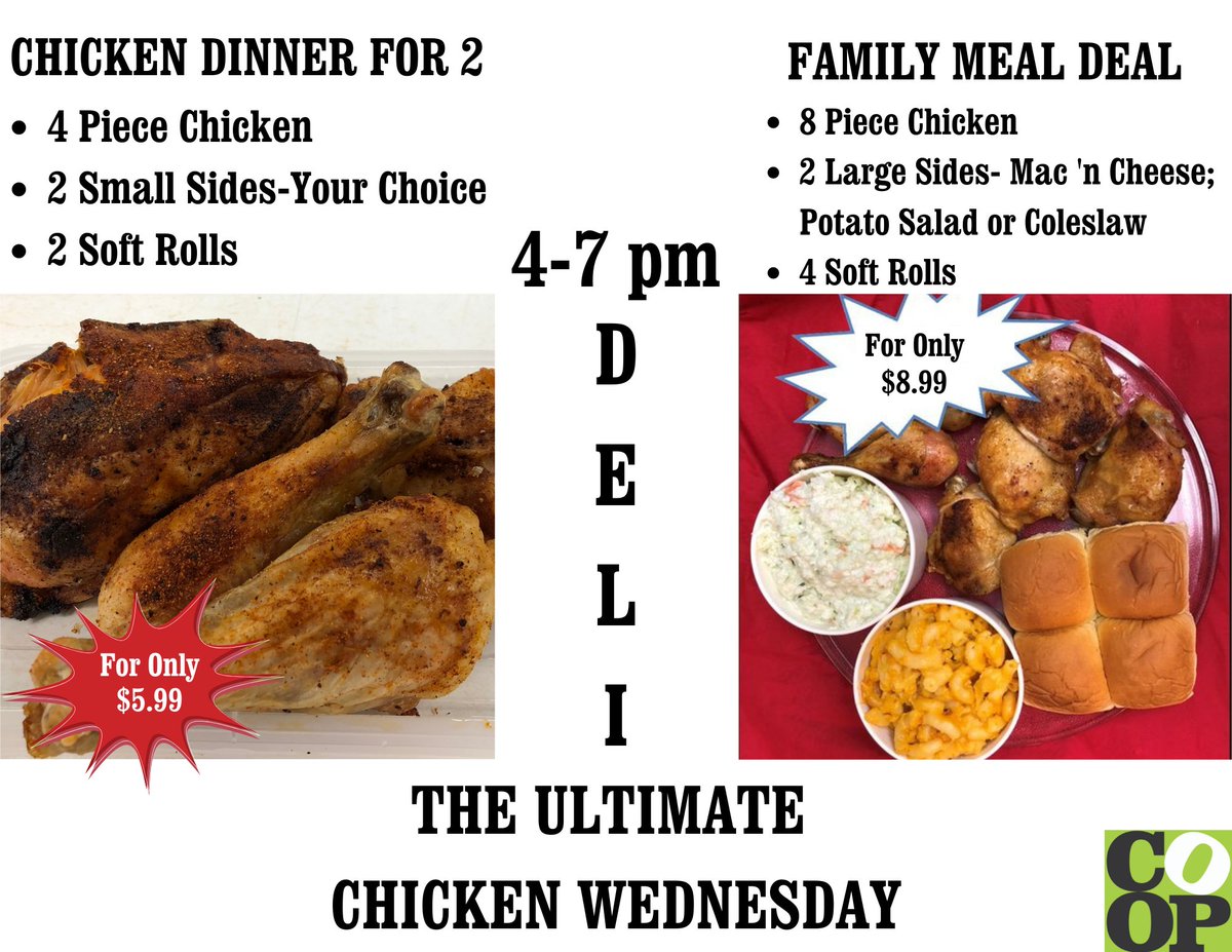 A choice of Chicken Wednesday Meals! Chicken Dinner for 2: 4-piece roasted chicken, 2 small sides-YOUR CHOICE, 2 rolls for $5.99. FAMILY Chicken: 8-piece chicken, 4 rolls &amp; 2 large sides: mac 'n cheese &amp; a choice of potato salad or coleslaw-$8.99! Reserve 301-474-0522-Pickup 4-7.