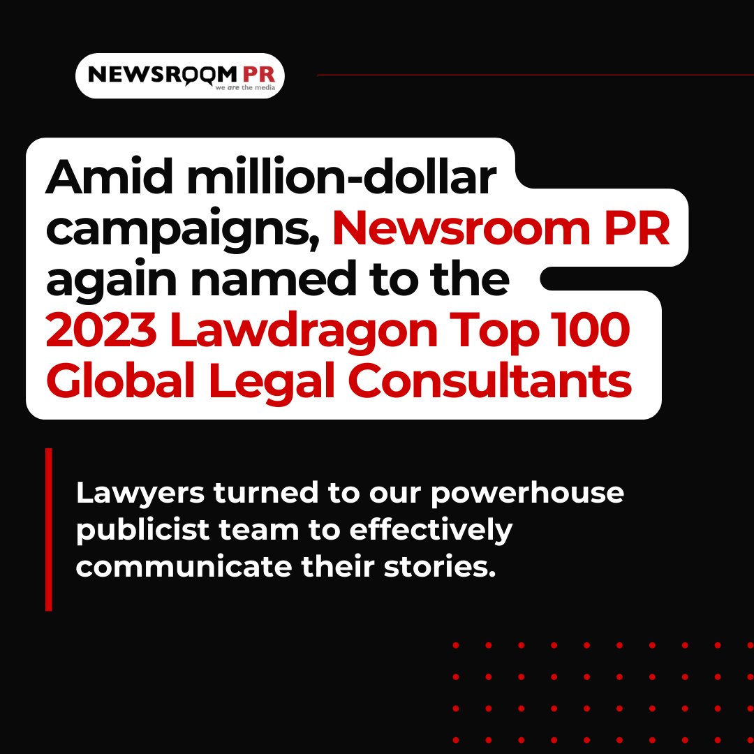 NewsroomPR's tweet photo. Amid million-dollar campaigns, Newsroom PR has been named to @lawdragon_news 100 Global Leaders in Strategy and Consulting for the second year in a row, with CEO Howard Breuer as the only recipient with a focus in media and communications based in Los Angeles. https://t.co/Yi1l23klJR