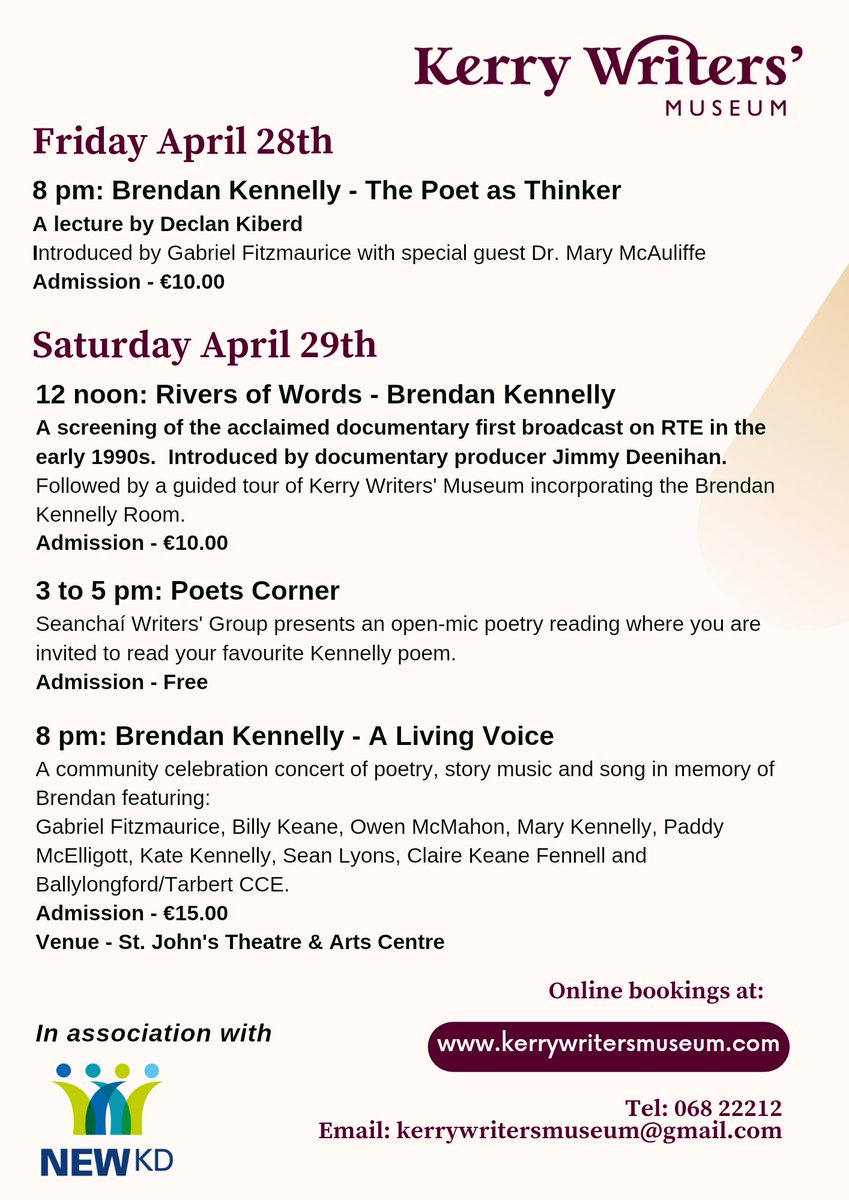 Check out our programme of events in celebration of the late Kerry poet Brendan Kennelly this Friday and Saturday. Tickets bookings at kerrywritersmuseum.com.

#Kerrypoetry #wherestoriesbegin

@KerryCoArts @poetryireland @Listowel_ie @artscouncil_ie @creativeirl @DiscoverKerry_