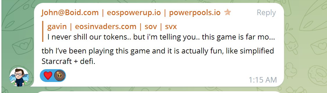 Retweeted from a community member.  I have been quiet since launch, because we've been doing  updates, but most of all, because the game  is FUN!  I'm not just saying this, you have to try it for yourself.  Everyone is having fun.  It's veryaddicting so be careful... #gamefi $eos