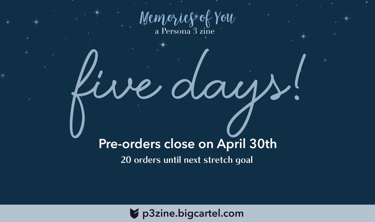 ✨ FIVE DAYS LEFT ✨

Time delivers us all to the same end... ⏳ There are only five days left to pre-order your copy of the zine! Help us unlock our third and final stretch goal! 

Pre-orders close 4/30, 11:59PM PST
🛒: p3zine.bigcartel.com
