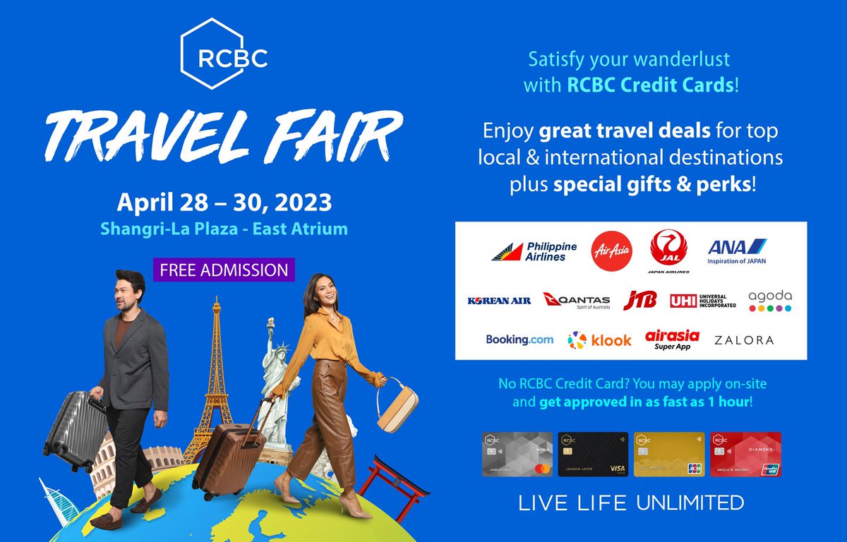 Don't miss the flight! ✈️

Join us this April 28 to 30, 2023 at Shangri-La Plaza, East Atrium and enjoy exciting travel deals &amp; perks with your RCBC Credit Card.

#RCBCTravelFair