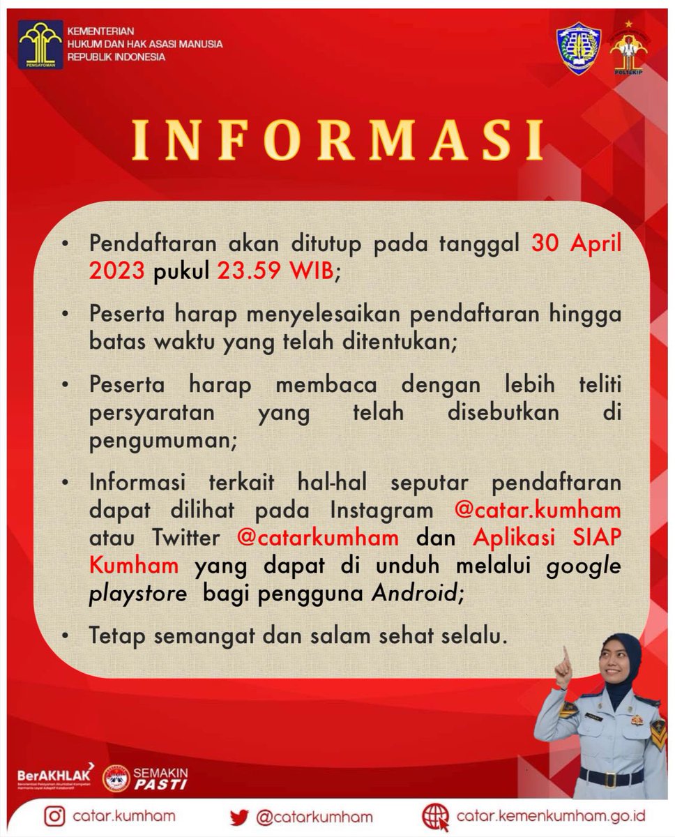 catarkumham's tweet photo. SEMANGAT PAGI
kami informasikan kembali kepada peserta Calon Taruna/Taruni Sekolah Kedinasan POLTEKIP dan POLTEKIM Kementerian Hukum dan HAM RI
AYOO TETAP SEMANGAT
#sekolahkedinasan
#poltekip
#poltekim
#kumham
#kumhampasti https://t.co/86DDxnPpiI