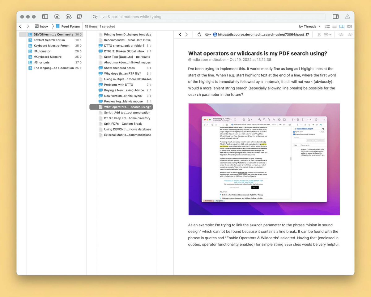 Minja_Rin's tweet image. 文章发布：《用 DEVONthink 和 RSS 愉快浏览外语论坛》
外语论坛宝藏多，但语言壁垒和信息洪流让人退避三舍。我用 #DEVONthink 的批量翻译、垃圾过滤和全文检索等功能，打造出一款专治外语论坛的 #RSS 阅读器。
utgd.net/article/20145