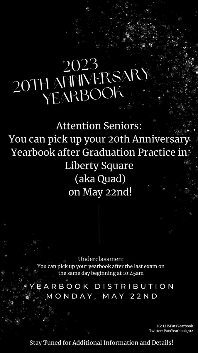 Pssst! It’s almost time! Check it out! ⬇️

#LibertyPatriots #Yearbook  #20thAnniversary #Walsworth #LHS #LasVegas #Classof2023 #LHSPatsYearbook ❤️🤍💙